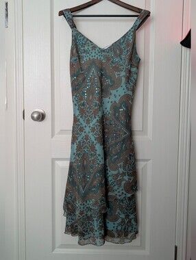 Vintage Midi Dress With Sequins And Blue/Brown Paisley Pattern